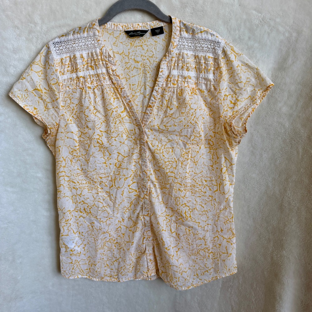 Eddie Bauer Womens Yellow Batik Print Crochet Trim Blouse Cap Sleeve Size M